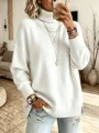 Women's Casual Solid Color Turtleneck Loose Knit Sweater Long Sleeve Split Hem Pullover - S / White