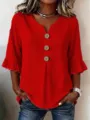 Plus size loose casual women's V-neck red shirt with large buttons and ruffle sleeves variant. - 0XL / Red