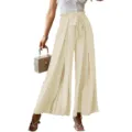 High-waisted pleated wide leg pants detail, elegant beige trousers with bow tie belt. - S / Apricot