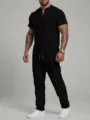 Men summer casual sportswear set short sleeve V-neck top and trousers solid black outfit. - S / Top And Bottom / Black