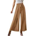 Women High Waist Wide Leg Pants Casual Bow Tie Ruffled Paperbag Trouser Detail View Style - Camel