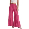 Women's pink pleated elastic waist tiered wide leg casual long trousers loose fit - S / Rose Red