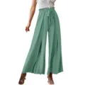 Elegant high-waisted wide-leg trousers with bow tie belt and split hem detail for women. - S / Lake Blue