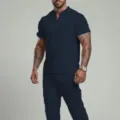 Men summer casual solid color two piece V neck short sleeve set dark blue variant - Navy Blue