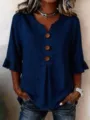 Plus size loose V-neck casual shirt with large buttons and ruffle sleeves for women. - 0XL / Navy Blue