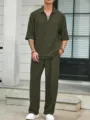Men's casual two-piece outfit solid color short sleeve shirt and long pants set for daily wear. - S / Top And Bottom / Army Green