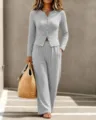 Women's casual grey ribbed knit button-up top and matching long pants 2-piece lounge set. - S / Top And Bottom / Gray