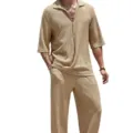 Men's casual textured two-piece set featuring short sleeve shirt and matching pants. - S / Top And Bottom / Khaki
