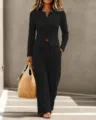 Black Ribbed Knit Button Long Sleeve Top and Pants Set Casual Two Piece Outfit for Women - S / Top And Bottom / Black