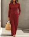 Women red knit button long sleeve top wide leg trousers casual outfit set fashion apparel - S / Top And Bottom / Burgundy