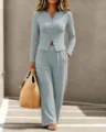 Women ribbed knit button cardigan and wide leg pants lounge set solid casual outfit - S / Top And Bottom / Light Blue
