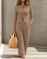 Women autumn fashion solid color knit button cardigan and wide-leg trousers casual set brown. - S / Top And Bottom / Camel