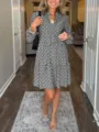 Black and white geometric print tiered dress with V-neck and long sleeves for women. - S / Dresses / Black