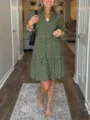 Green V-neck Long Sleeve Geometric Print Casual Dress for Women Fall Fashion Outfit - Army Green