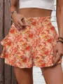 Summer floral print high waist tiered casual skort women fashion wide leg shorts apparel - Orange Printed