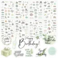 Close-up detail of watercolor birthday stickers in English and German for scrapbooking - Happy Birthday Stickers (Green Series) / 8 Sheets (250 Pieces) / Green Series
