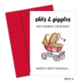 Funny baby greeting card with watercolor carriage illustration and red envelope detail - Baby Card A (MJ26-Baby Card A)