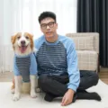 Detail view of matching blue and black striped long sleeve shirt for pets and owners. - XS (Back Length 20cm) / Blue and Black Striped