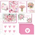 Set of watercolor floral Mother's Day cards with pink envelopes and thank you stickers - 6 Cards + 6 Envelopes + 6 Stickers