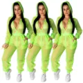 Sexy sheer mesh hooded jumpsuit for women with chain detail, trendy clubwear outfit. - 2XL / Green