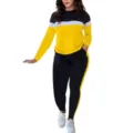 Stylish women color block long sleeve top and matching pants set detail view fashion - S / Top And Bottom / Yellow