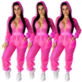 Sexy pink sheer mesh hooded jumpsuit for women clubwear long sleeve zipper rompers - 2XL / Rose Red