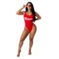 Roter Damen Einteiler Badeanzug mit weißem Miami Buchstaben Print und schickem rückenfreien Design. - S / Rot