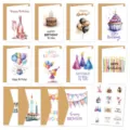 Grid layout showing 12 unique watercolor birthday card designs with envelopes and stickers - Watercolor Birthday Card Style (MJ24) / 12pcs Set