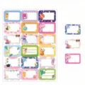 Detailed size guide for colorful cartoon name label stickers for school stationery - Back to School Cartoon Style