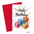 Detailed view of Happy Birthday card featuring watercolor gift boxes and red envelope - Gift Boxes Design (MJ28-A)