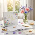 Floral βιβλίο καλεσμένων γάμου με χρυσά γράμματα σε λευκό λινό εξώφυλλο για πάρτι - Βιβλίο Επισκεπτών C (Λεβάντα Παπαρούνα) / 120 σελίδες