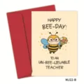 Cute bee-themed Teacher's Day greeting card with red envelope and punny message - Cartoon Bee Design (MJ22-B)