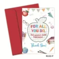 Teacher appreciation greeting card with red envelope and school supply illustrations - Grid Apple Thank You Design (MJ22-F)