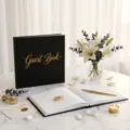 Libro degli ospiti di nozze nero con scritte in oro e accessori abbinati - Libro degli Ospiti F (Nero Oro Minimalista) / 120 Pagine