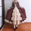 Detailed view of vintage Lolita dress featuring rich ruffles, lace trims, and elegant bows. - S / Burgundy