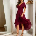 Burgundy V-neck high low evening midi dress for women, elegant party wear detail view. - S / Burgundy