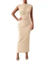 Sleeveless ruched maxi dress detail shot, highlighting asymmetric drape and slim fit design. - S / Apricot