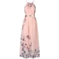 Λεπτομέρειες από το ροζ φλοράλ chiffon μάξι φόρεμα με chic halter λαιμόκοψη και ζώνη. - S / Dresses / Ροζ