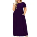 Plus size μονόχρωμο κοντομάνικο μάξι φόρεμα με στρογγυλή λαιμόκοψη, λεπτομέρεια. - 3XL / Μονόχρωμο Μοβ