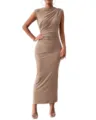 Sleeveless back slit gathered bodycon maxi dress, elegant casual fashion for women. - S / Camel