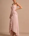Pink halter pleated ruffle high low dress elegant party evening maxi dress women fashion - XS / Peach