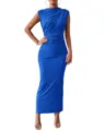Sleeveless ruched maxi dress detail, fitted silhouette, elegant collar design, premium fabric. - S / Sapphire Blue