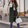 Women long puffer vest casual winter warm sleeveless hooded outerwear solid color coat fashion - S / Green