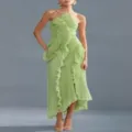 Green pleated halter neck long dress with elegant ruffles for women party wear style - XS / Light Green