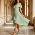 Elegant sage green wrap V-neck chiffon midi dress with short flare sleeves for evening events. - Light Green