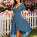 Elegant blue chiffon V-neck wrap dress with short flutter sleeves and chic high-low hemline. - Malachite green