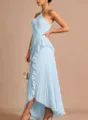 Detailed view of light blue halter pleated dress with elegant ruffles and high-low hem. - XS / Sky Blue