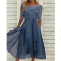 Elegant dusty blue lace spliced chiffon midi dress with half sleeves for elegant evening events. - S / Blue