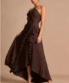 Stunning brown halter pleated maxi dress with chic ruffle trim and asymmetrical high-low hem. - XS / Chestnut
