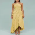 Elegant pleated halter neck maxi dress for women, stylish asymmetric party dress yellow. - XS / Yellow